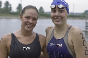 Winner Kirsten Groome and second-place Chloe Sutton following open water 10K in Indianapolis