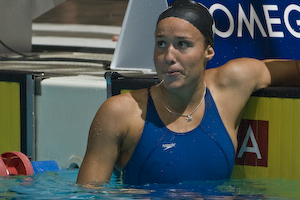 Haley McGregory checking scoreboard after winning 100 Backstroke at 2007 US Nationals.