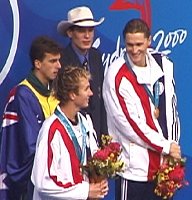 Aaron Piersol, Lenny Krayzelburg, and Matt Welsh on the medal stand for the 200 Back.