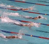 A close race in 200 Free Semi-Final #1 between Dusing (top), Carvin, & Taner.