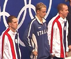 Dolan, Rosolino, and Wilkens on the awards stand of the 200 IM.