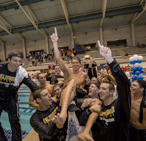 2012MNCAA California celebrates their victory at the 2012 NCAA men's swimming and diving championships.