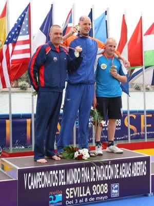 2008 Men's 25K Open Water Worlds Podium. Maarten van der Weijden at center.