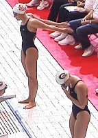 Kalyn Keller, 15, from Phoenix Swim Club, &  Nicole Schrader, 21, of the Athens Bulldogs before their 800 Free.