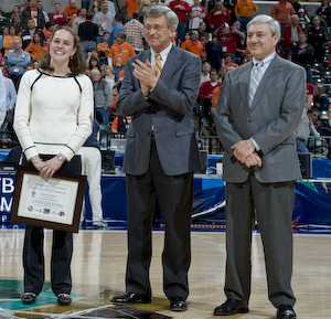 Molly Crispell receives 2008 Wayne Duke Postgraduate Award from the Big Ten Conference. Molly is seen with PSU President Dr. Graham Spanier (far right) and the Penn State Athletic Director Tim Curley (middle).