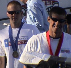 Ian Crocker and Michael Phelps parade after the 100 Fly.
(Photo: M. Collins)