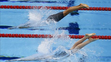 Swimmers diving in at the 2012 Olympics