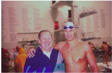 Olympic Gold Medallist, Bill Mulliken (Rome 1960) congratulates new world and national record holder Plamen Alexandrov after his championship swims at the GRIN Fall Classic, IUPUI Natatorium, Indianapolis.
 
