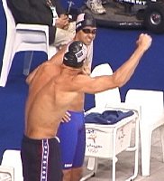 Gary Hall Jr. trying to stir the crowd with his boxing routine.