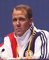 USA Womens Water Polo Coach - Guy Baker at an Olympic Interview.