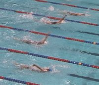 Haley Cope, from the Chico Aquajets, at the bottom of the picture, is a suprise top qualifier in the 100 Back.