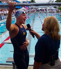 Haley Cope is interviewed following her upset victory in the 50 free at the 2002 LCM Nationals.