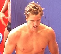 Gary Hall walkes away from  good swim.
