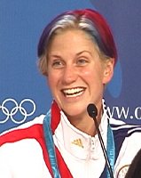A happy BJ Bedford, sporting red, white and blue hair, after being part of the world record setting USA Medley Relay team.