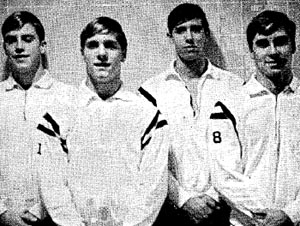 MEDLEY RELAY TEAM ERASES PREP MARK (L-R) Mike Calahan (free 21.6), Corky Gilmore (breast 25.2), Tim Smith (back 26.7) and Bill Ford (fly 24.2) set a mark of 1:40.7 for their school, Mercersburg Prep in the January 1967 issue of Swimming World Magazine.