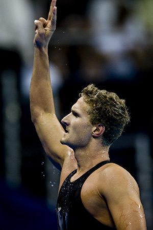 Larsen Jensen celebrates winning the 400 Freestyle at the 2008 Olympic trials.