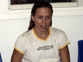 Natalie Coughlin talks with SwimInfo after winning the 100m fly (2002 LCM Nationals)
