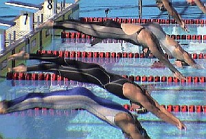 Linday Benko in Black Suit at the start of the 200 Free