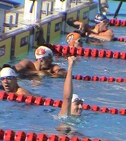 Aaron Peirsol is estatic with breaking the 200 Back World Record
(Photo: M. Collins)