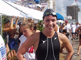 Tammie Stone, Texas Aquatics, beams after qualifying first in the 50m freestyle in 25.42 seconds at the 2002 USA Swimming National Championships