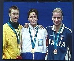 Thorpe, Hoogie, and Rosilio on the medal stand of the 200 Free.