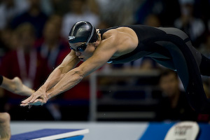 Dara Torres places second in the second semi-final of the 100 freestyle at the 2008 olympic trials.