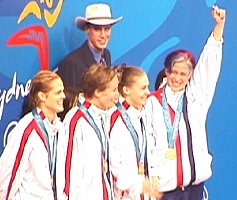 The USA women on the stand to accept gold for the 400 Medley Relay.