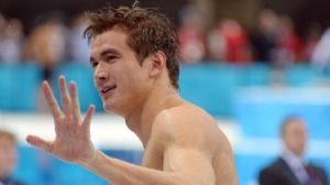Nathan Adrian (USA) reacts after winning his men's 100m freestyle semifinal during the London 2012 Olympic Games at Aquatics Centre