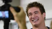Nathan Adrian talks to the media during the Austin Grand Prix at the Texas Swimming Center