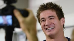 Nathan Adrian talks to the media during the Austin Grand Prix at the Texas Swimming Center
