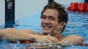 Nathan Adrian (USA) reacts to winning the gold in the men's 100m freestyle final during the London 2012 Olympic Games at Aquatics Centre.