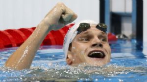 Yannick Agnel (FRA) reacts after winning the men's 200m freestyle finals during the London 2012 Olympic Games at Aquatics Centre.