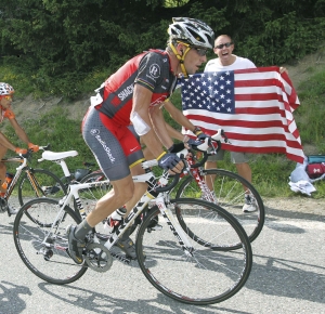 Lance Armstrong (USA) competes during stage eight of the 2010 Tour de France between Station des Rousses and Morzine-Avoriaz.