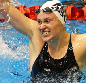 Sophie Batchelor celebrates her victory under the world championship qualifying time in the 200m backstroke at the State NZ Short Course Championships in Wellington tonight.