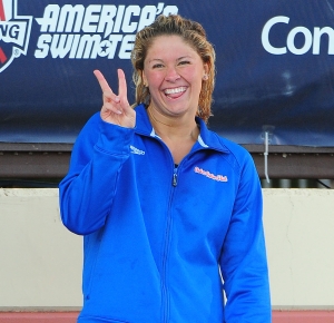 Elizabeth Beisel (USA) celebrates after finishing first in the women's 200-meter backstroke final in the USA swimming national championship at the Avery Aquatic Complex.