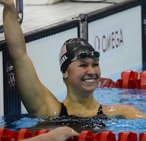 Elizabeth Beisel (USA) reacts after winning her women's 200m backstroke semifinal during the London 2012 Olympic Games at Aquatics Centre.