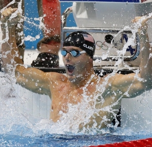 USA swimmer Tyler Clary reacts after winning the gold medal in the men's 200m backstroke final during the London 2012 Olympic Games at Aquatics Centre.