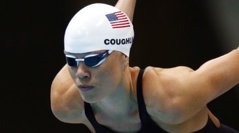 Natalie Coughlin (USA) prepares to compete in her leg of a women's 4x100m freestyle relay heat during the 2012 London Olympic Games at Aquatics Centre.