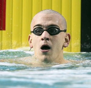 Laszlo Cseh celebrates winning the 200m butterfly at the Duel in the Pool in the Georgia Tech Aquatics Center.