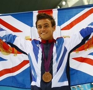 Thomas Daley (GBR) celebrates winning the bronze in men's 10m final during the London 2012 Olympic Games at Aquatics Centre.