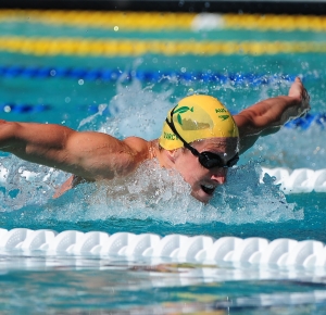 Nicholas D'Arcy (AUS) swims during the men's 200-meter butterfly preliminaries in the Santa Clara international grand prix at the George F. Haines International Swim Center.