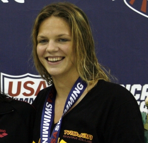 Yuliya Efimova pose after placing top 3 in the final of the Women's 100 M Breaststroke during the 2011 USA Swimming National Championships at the Georgia Tech Aquatic Center.