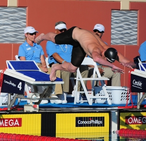 James Feigen (USA), lane 4, during the men's 100-meter freestyle final in the USA swimming national championship at the Avery Aquatic Complex.
