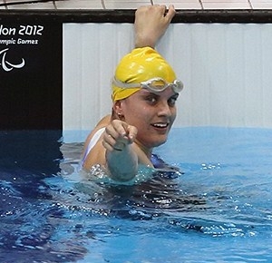 Jacqueline Freney (AUS) reacts during in the women's 400m freestyle S7 final during the London 2012 Paralympic Games at Aquatics Centre.