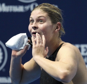 December 17, 2011; Atlanta, GA, USA; Lotte Friis reacts to almost setting a world record in the 800m freestyle at the Duel in the Pool in the Georgia Tech Aquatics Center.