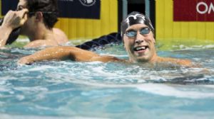Matt Grevers reacts to winning the 200m butterfly at the Duel in the Pool in the Georgia Tech Aquatics Center.