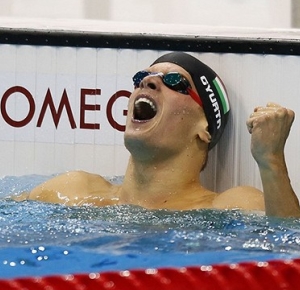 Daniel Gyurta (HUN) reacts after winning the gold medal in the men's 200 breaststroke final during the London 2012 Olympic Games at Aquatics Centre.