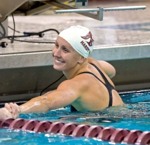 Jessica Hardy congratulates Melissa Franklin during the womens 100 meter freestyle finals in the Minneapolis grand prix at the University of Minnesota Aquatic Center. Franklin won with a time of 54.27.