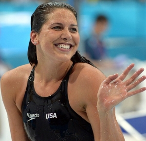 Kathleen Hersey (USA) reacts after winning a womens 200m butterfly heat during the London 2012 Olympic Games at Aquatics Centre.