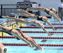 Katie Hoff (blue suit) was the top qualifier in the 200 IM prelims. 2004 Olympic Trials